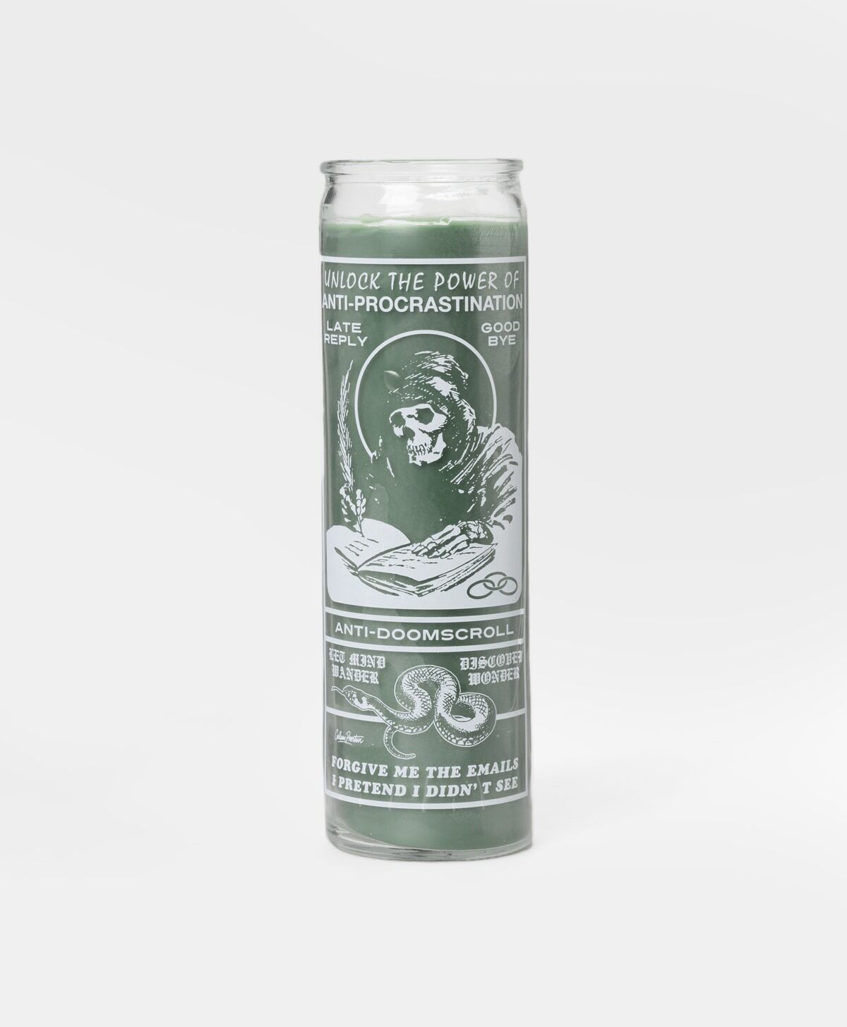 CALLUM PRESTON - PROCRASTINATION PRAYER CANDLE GREEN WAX/WHITE PRINT