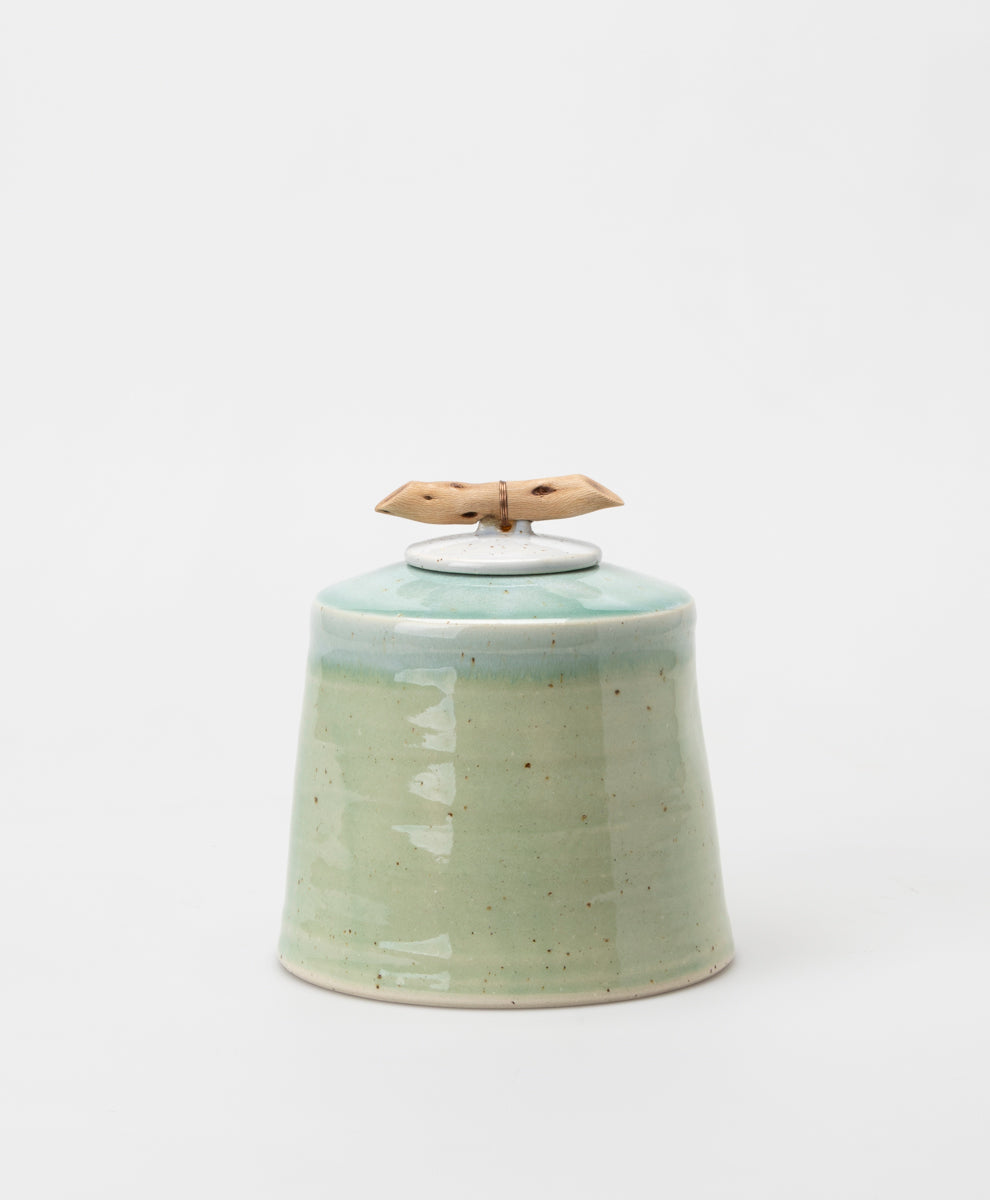 BARRY WEMYSS - GREEN AND WHITE WOODEN HANDLED LIDDED VESSEL