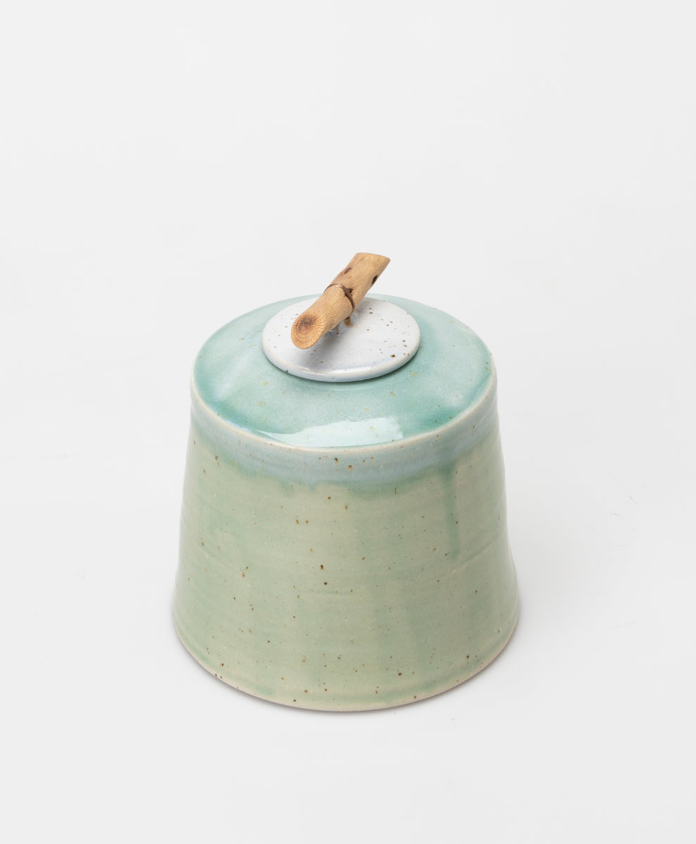 BARRY WEMYSS - GREEN AND WHITE WOODEN HANDLED LIDDED VESSEL
