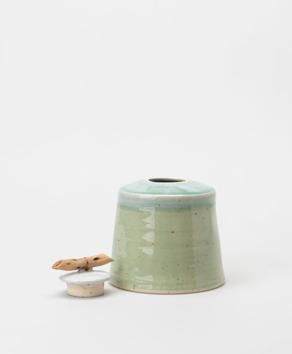 BARRY WEMYSS - GREEN AND WHITE WOODEN HANDLED LIDDED VESSEL