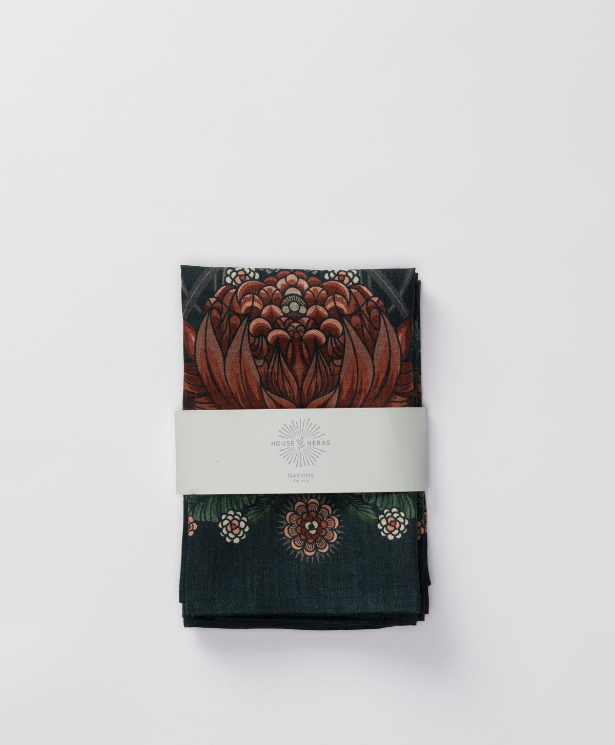HOUSE OF HERAS - BUSH BOUQUET NAVY LINEN NAPKINS - SET OF 4